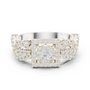 White gold ring with square halo centerpiece and clear gemstone cluster, front view