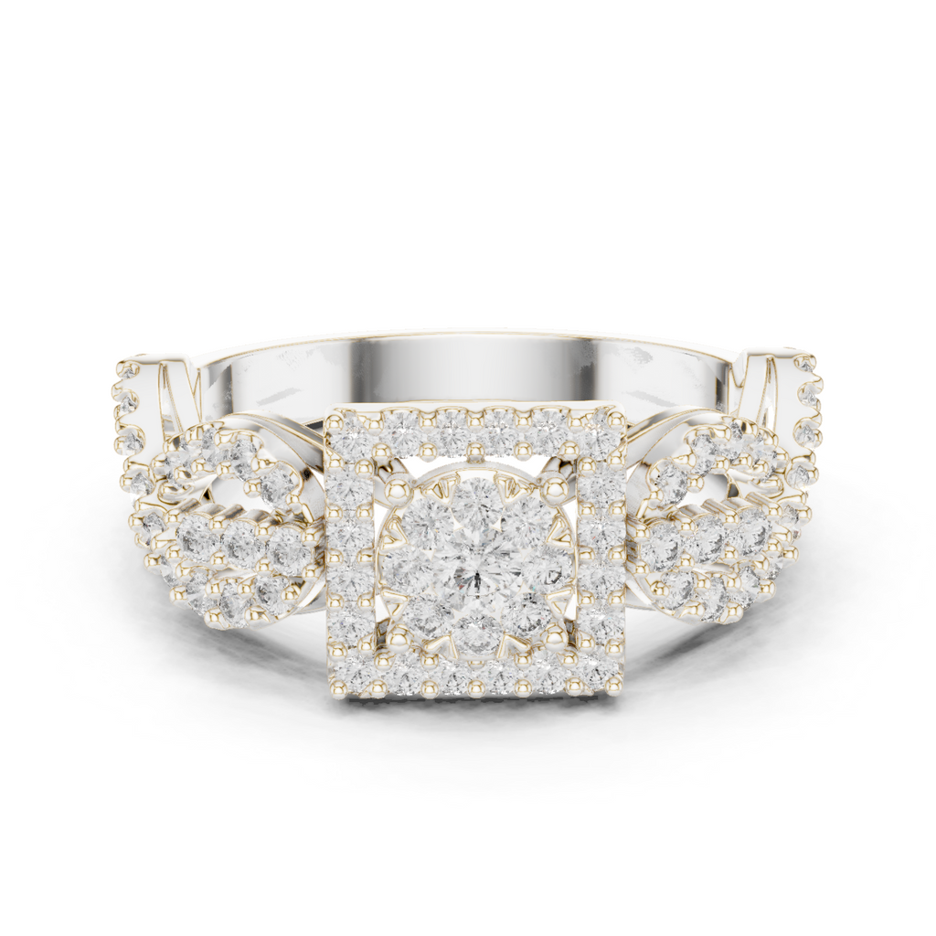 White gold ring with square halo centerpiece and clear gemstone cluster, front view