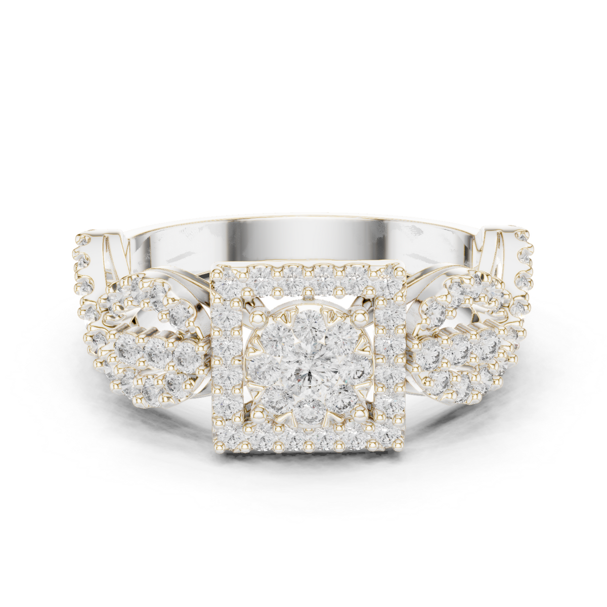 White gold ring with square halo centerpiece and clear gemstone cluster, front view