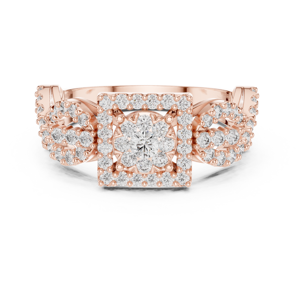 Rose gold mosaic halo ring with central round stone and infinity split shank