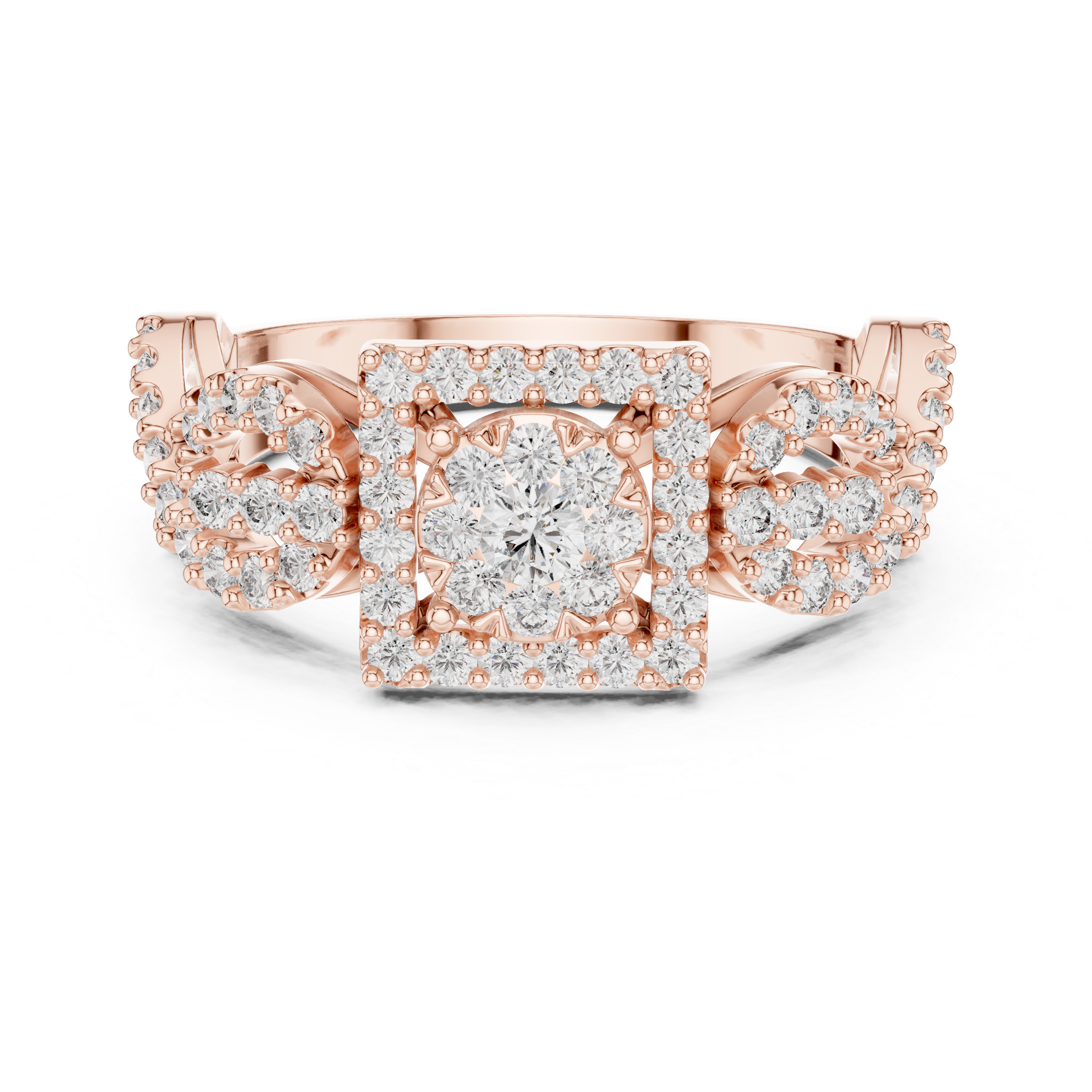 Rose gold mosaic halo ring with central round stone and infinity split shank