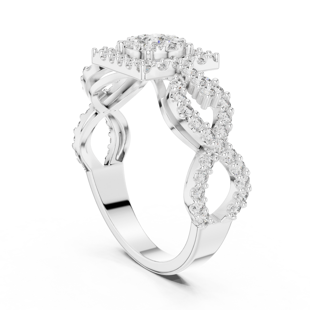 White gold infinity split shank ring with mosaic round stones and halo detailing