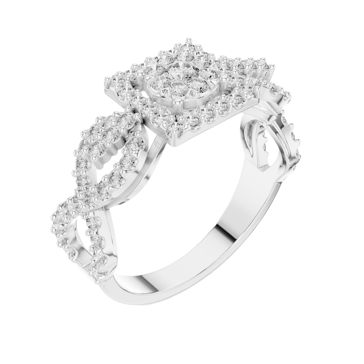 White gold mosaic halo ring with round stones and infinity split shank