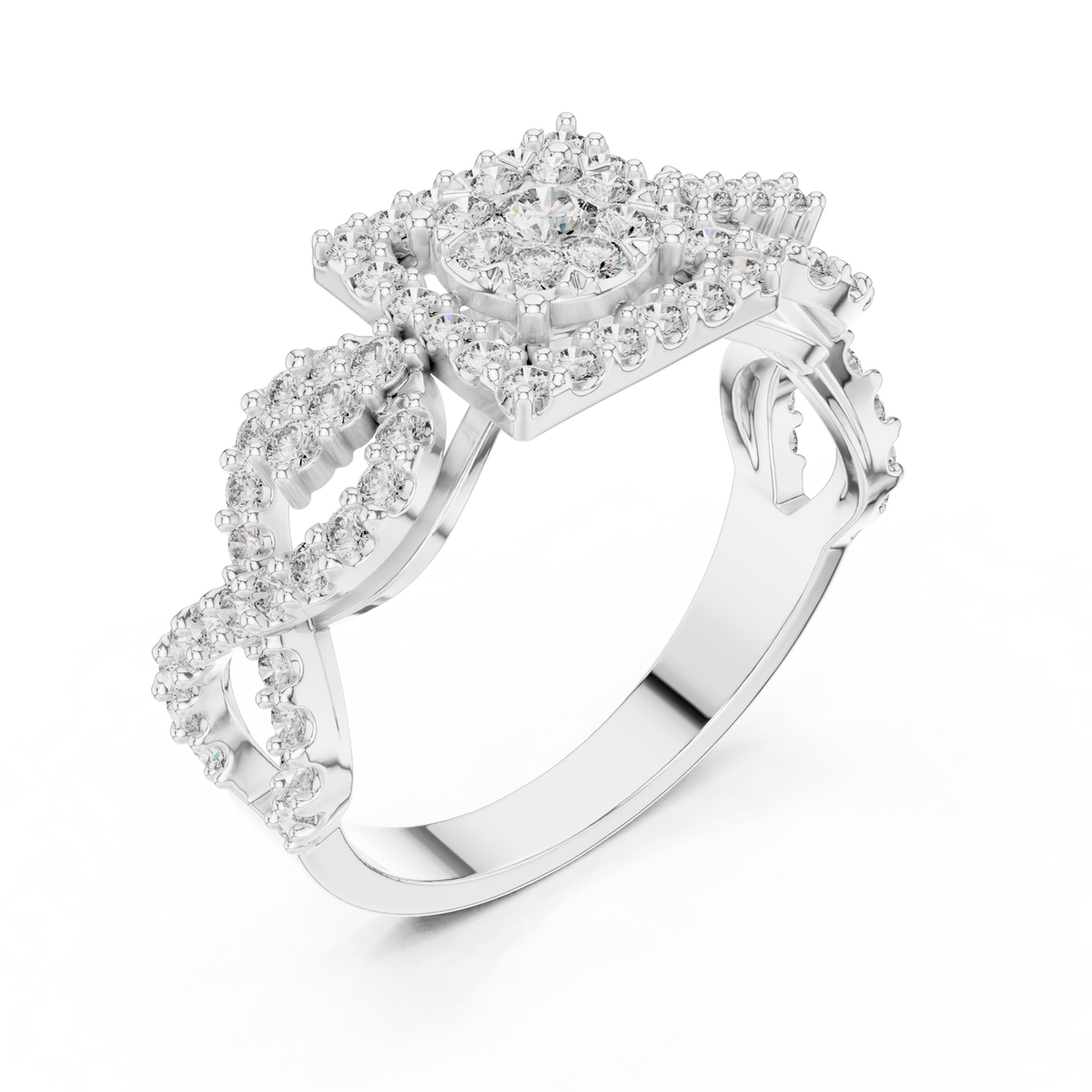 White gold mosaic halo ring with round stones and infinity split shank