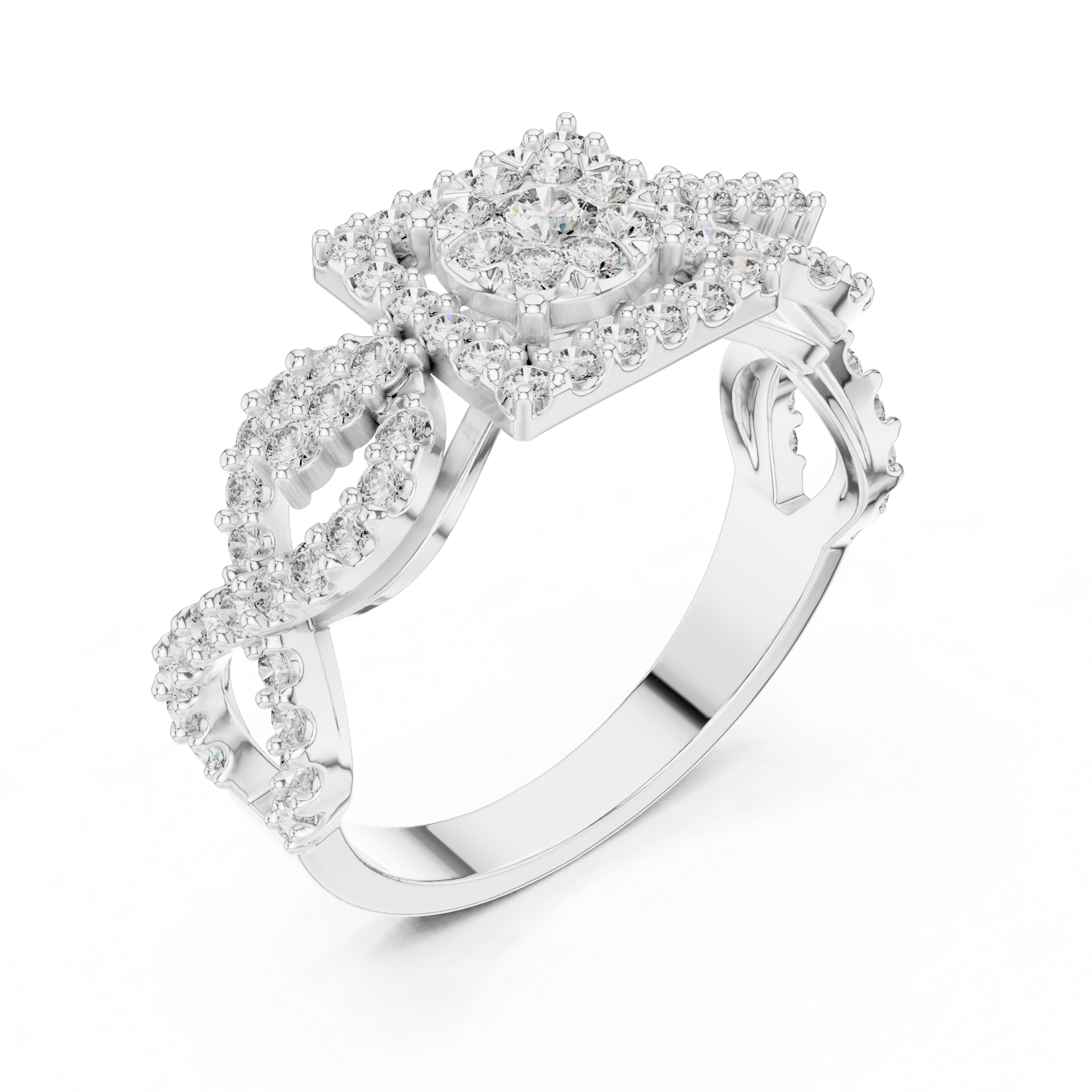 White gold mosaic halo ring with round stones and infinity split shank