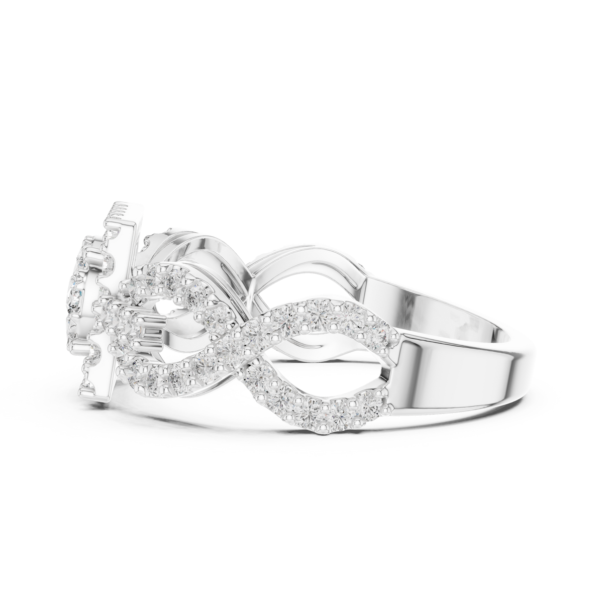 White gold mosaic halo ring with infinity split shank and round stones, side view