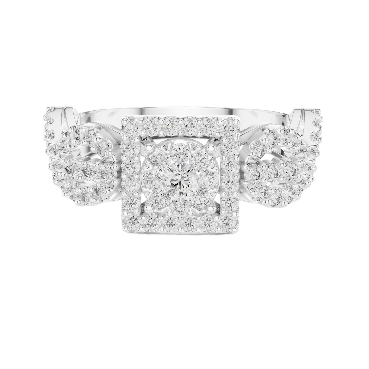 White gold mosaic halo ring with central square setting and round stone clusters