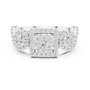 White gold mosaic halo ring with central square setting and round stone clusters