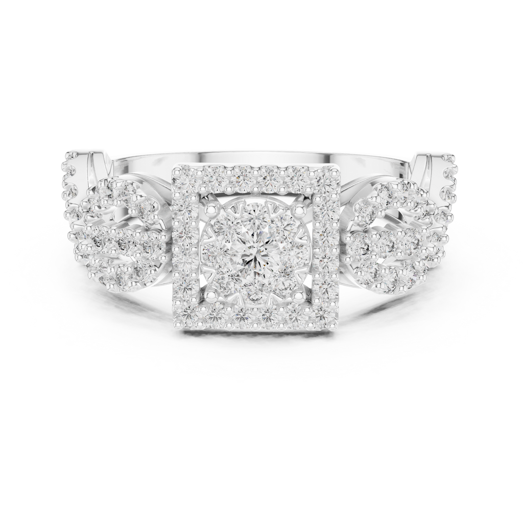 White gold mosaic halo ring with central square setting and round stone clusters
