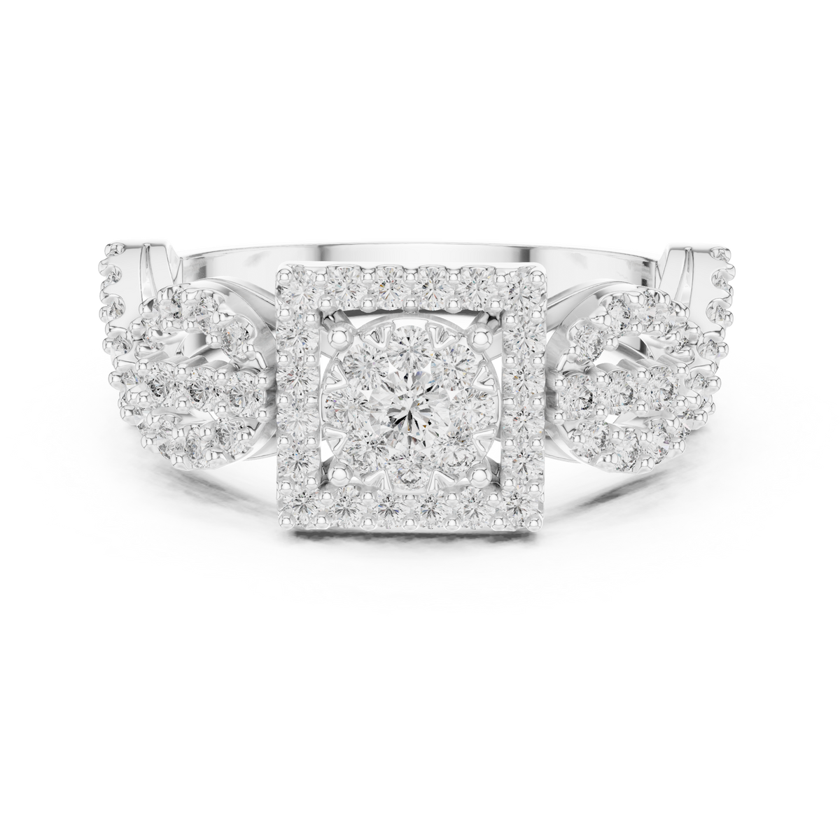 White gold mosaic halo ring with central square setting and round stone clusters