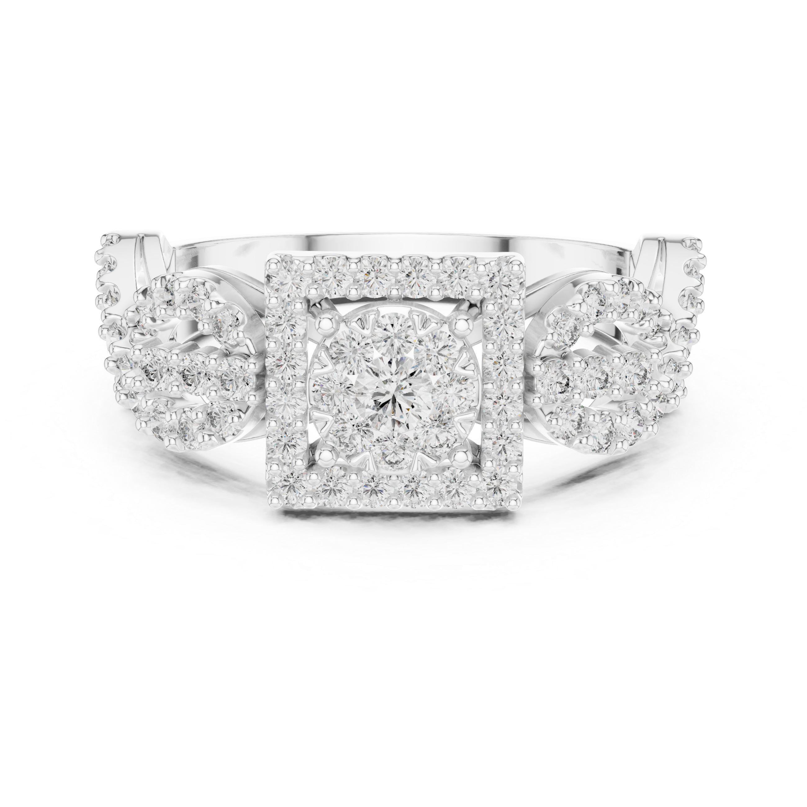 White gold mosaic halo ring with central square setting and round stone clusters