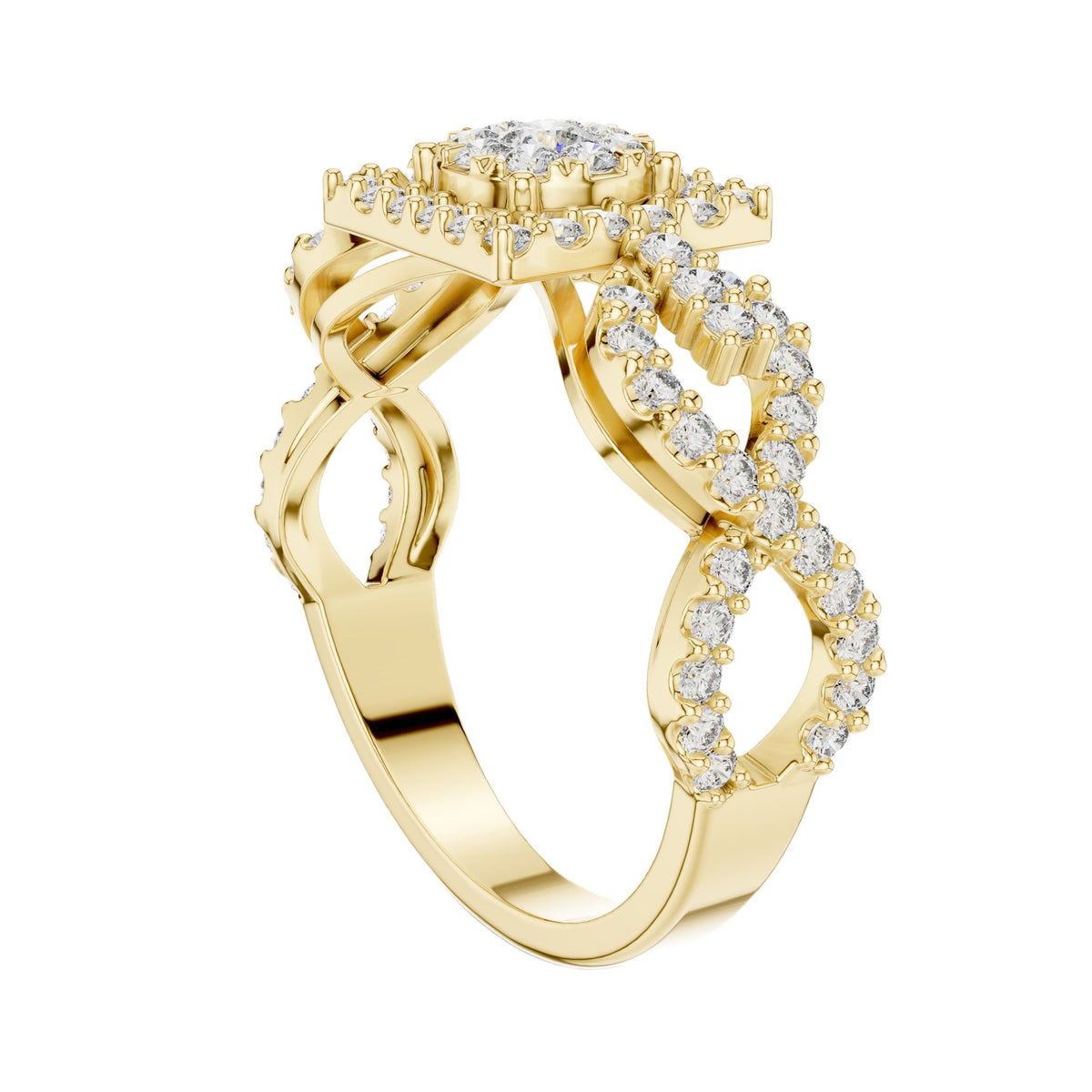 Yellow gold infinity split shank ring with mosaic round stones and halo detailing