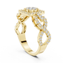 Yellow gold infinity split shank ring with mosaic round stones and halo detailing
