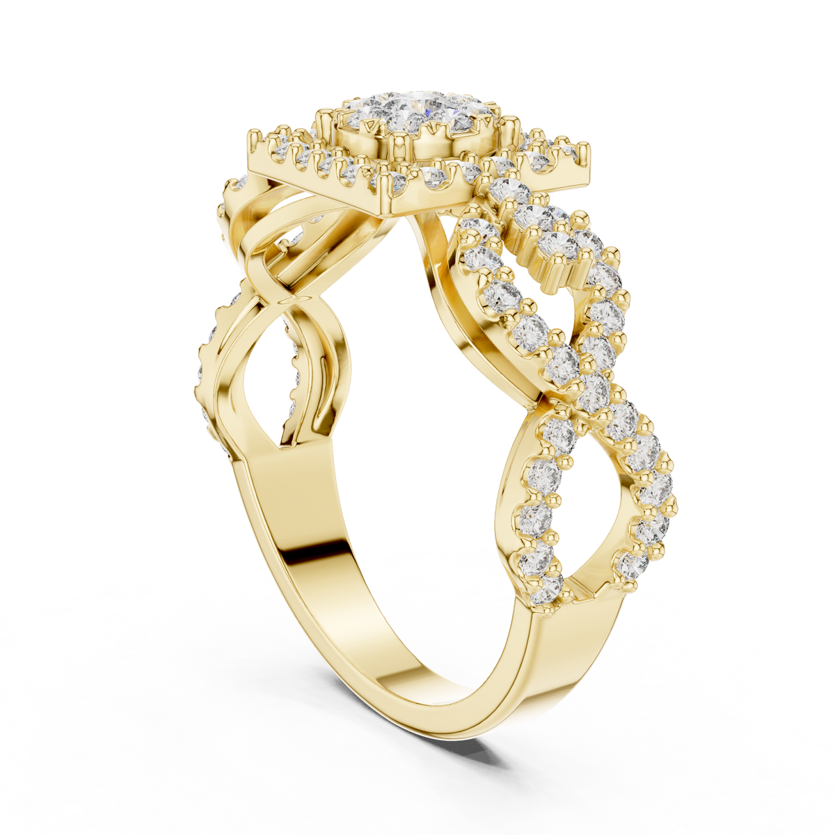 Yellow gold infinity split shank ring with mosaic round stones and halo detailing