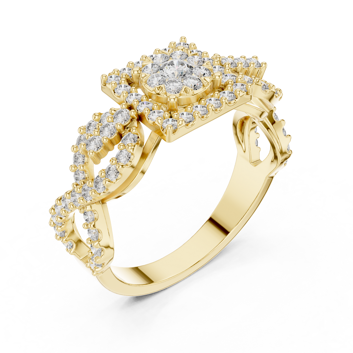 Yellow gold mosaic halo ring with round stones and infinity split shank