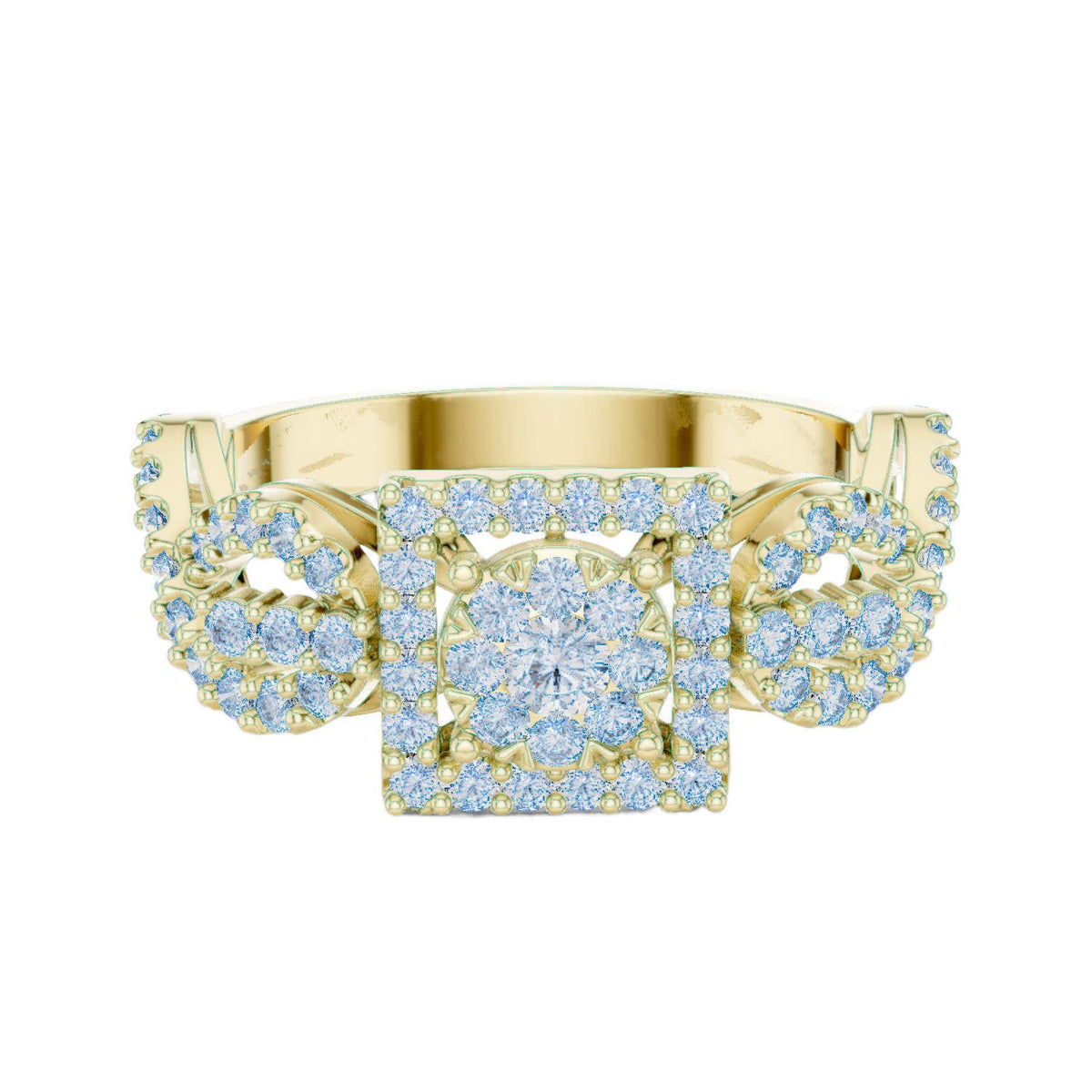 Yellow gold ring with square halo centerpiece and blue gemstone cluster, front view