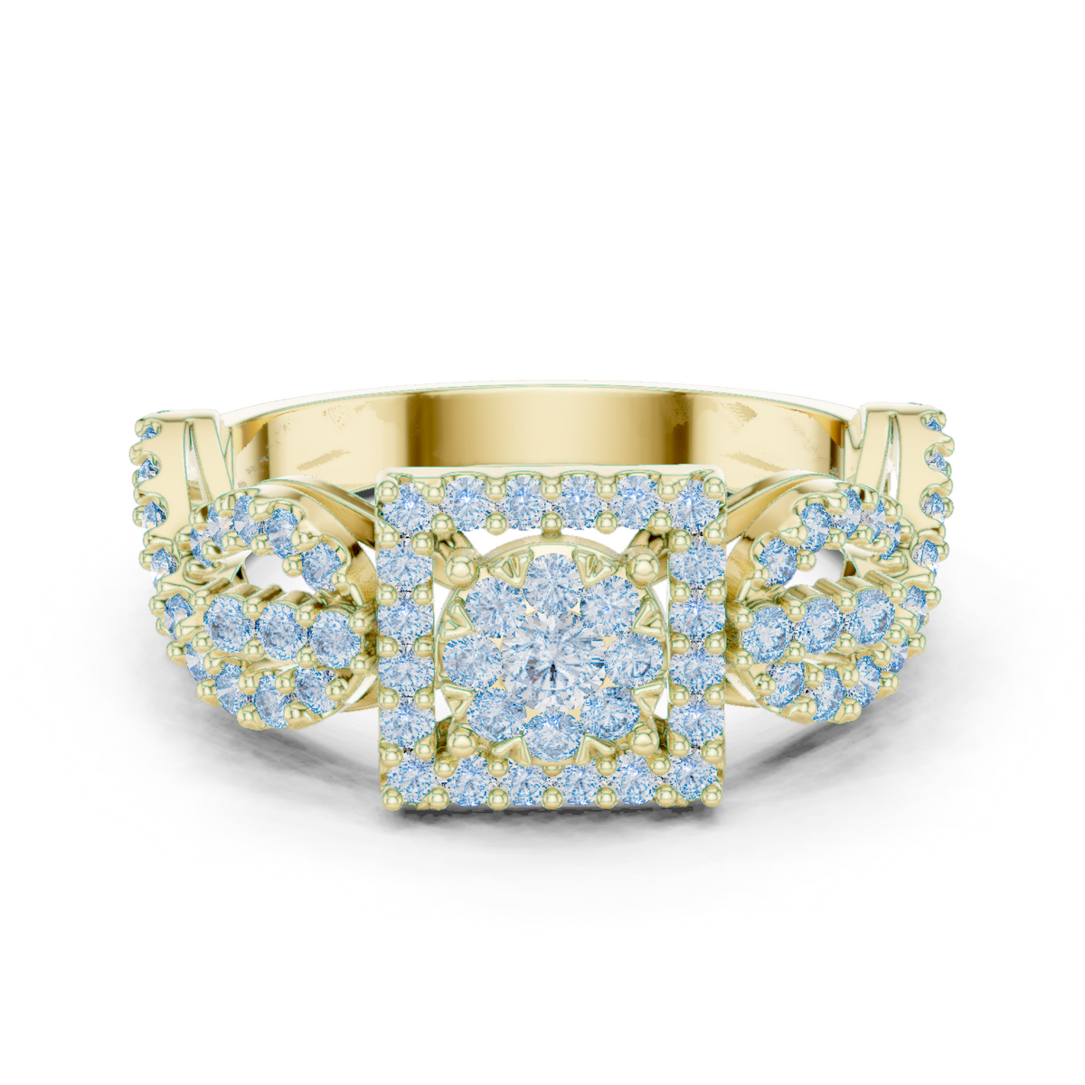 Yellow gold ring with square halo centerpiece and blue gemstone cluster, front view