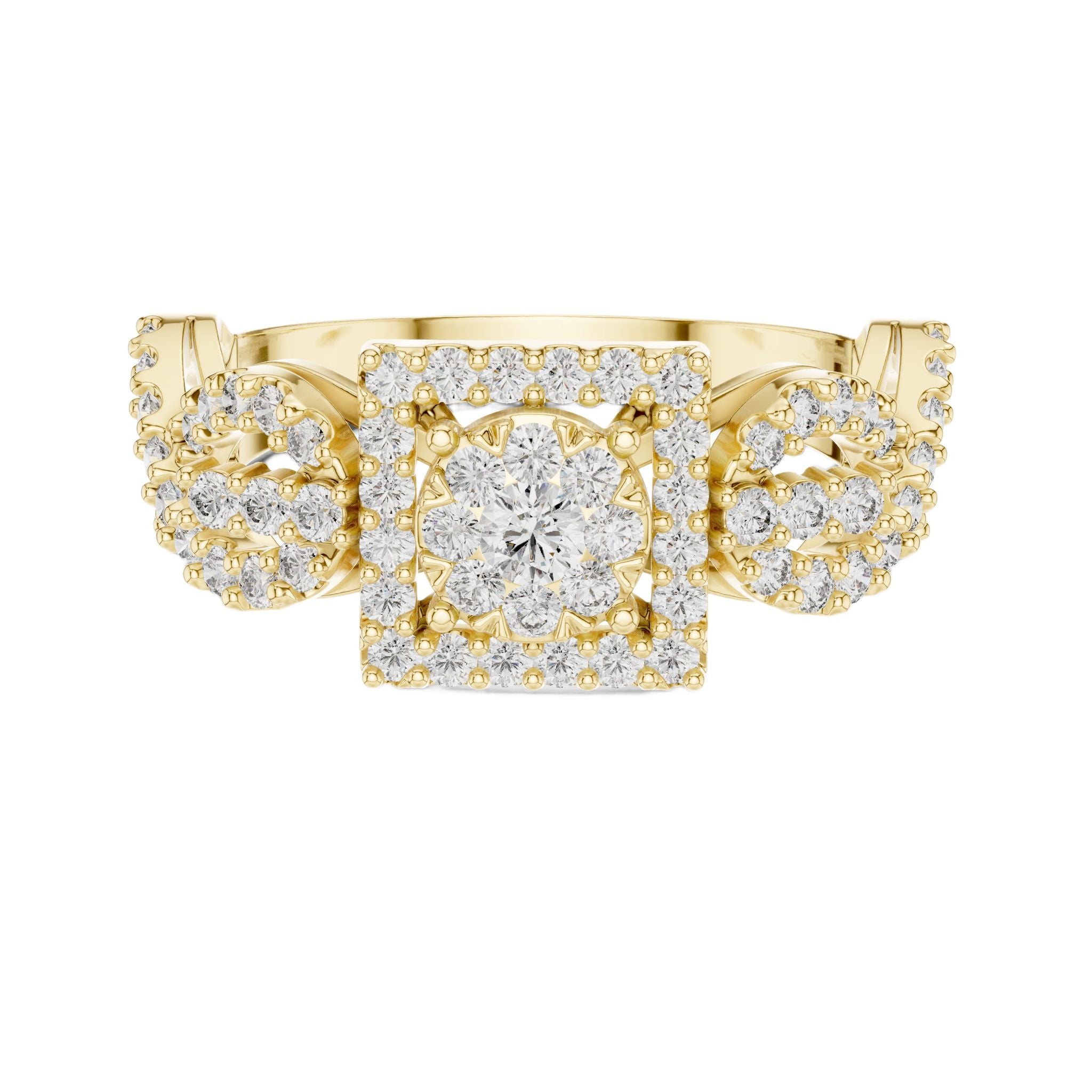 Yellow gold mosaic halo ring with central round stone and infinity split shank