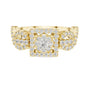 Yellow gold mosaic halo ring with central round stone and infinity split shank
