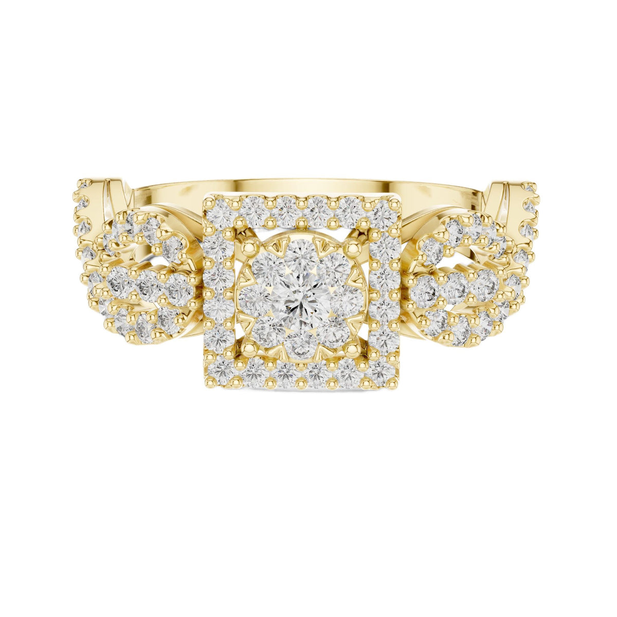 Yellow gold mosaic halo ring with central round stone and infinity split shank