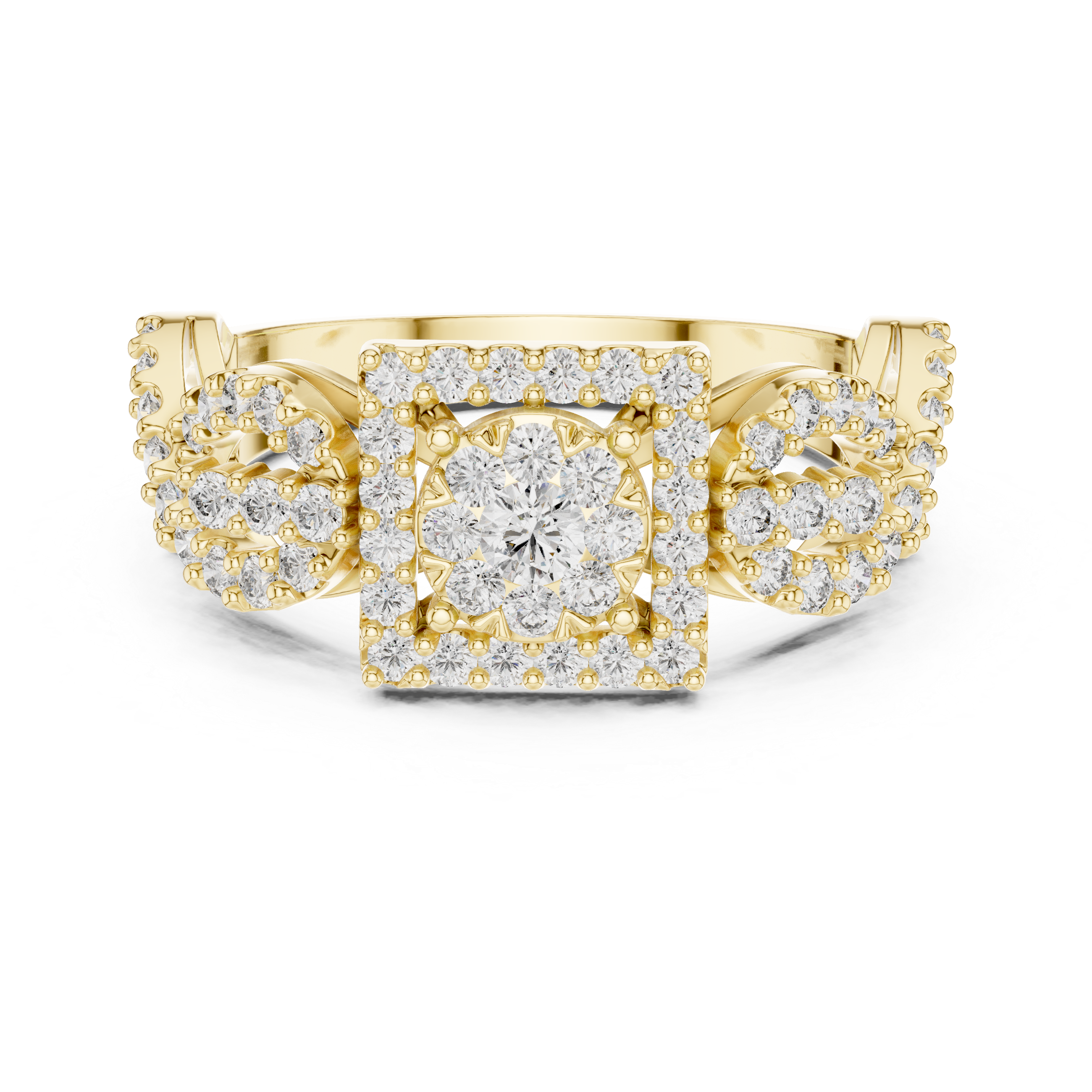 Yellow gold mosaic halo ring with central round stone and infinity split shank