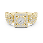 Yellow gold mosaic halo ring with central round stone and infinity split shank
