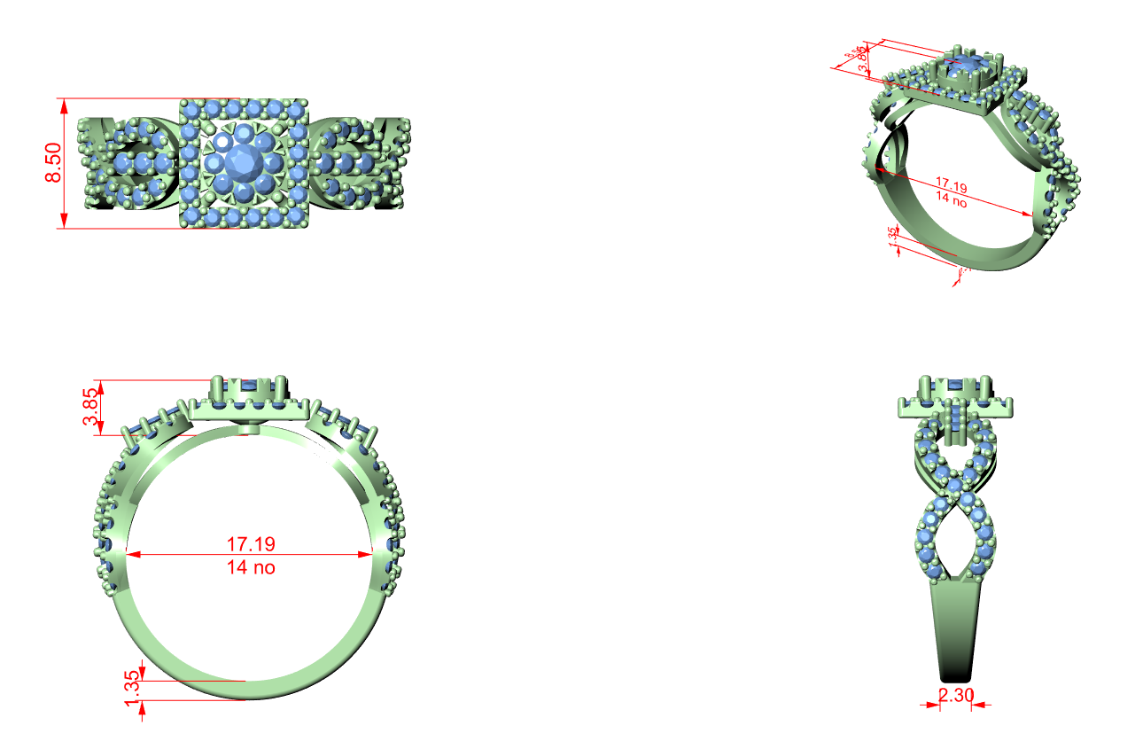 Jewelry CAD dimension drawings of a halo ring, front and side views with size callouts