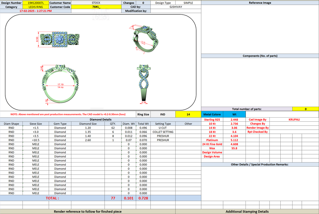 Jewelry CAD specification sheet with ring parts list, measurements, and total diamond details