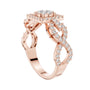 Rose gold infinity split shank ring with mosaic round stones and halo detailing
