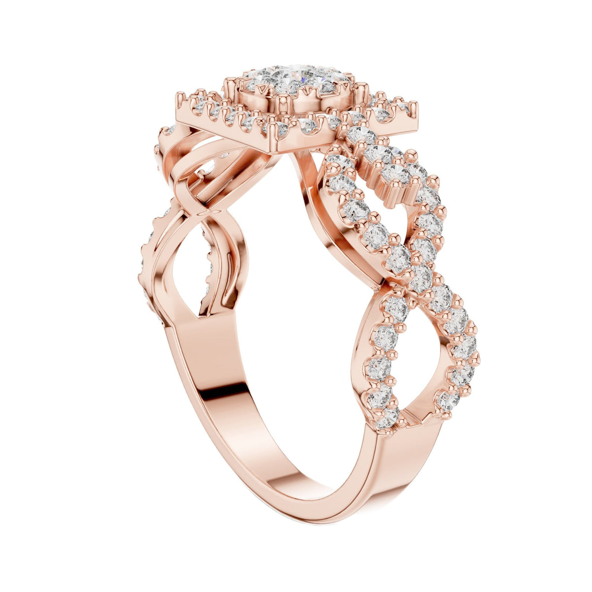Rose gold infinity split shank ring with mosaic round stones and halo detailing