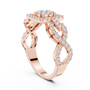 Rose gold infinity split shank ring with mosaic round stones and halo detailing