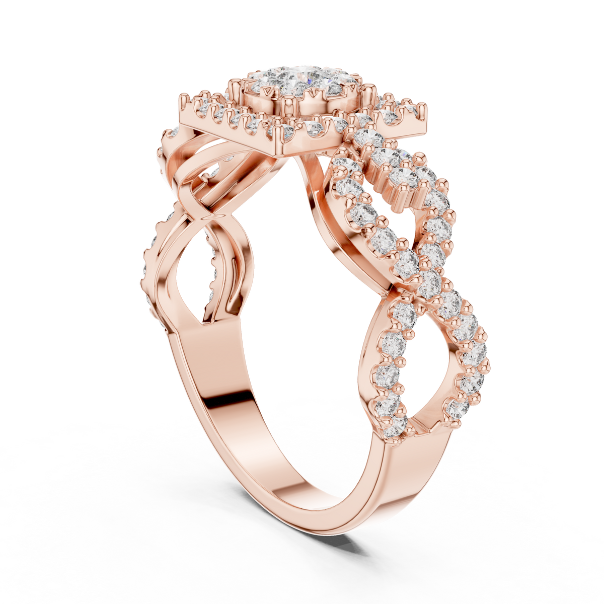 Rose gold infinity split shank ring with mosaic round stones and halo detailing