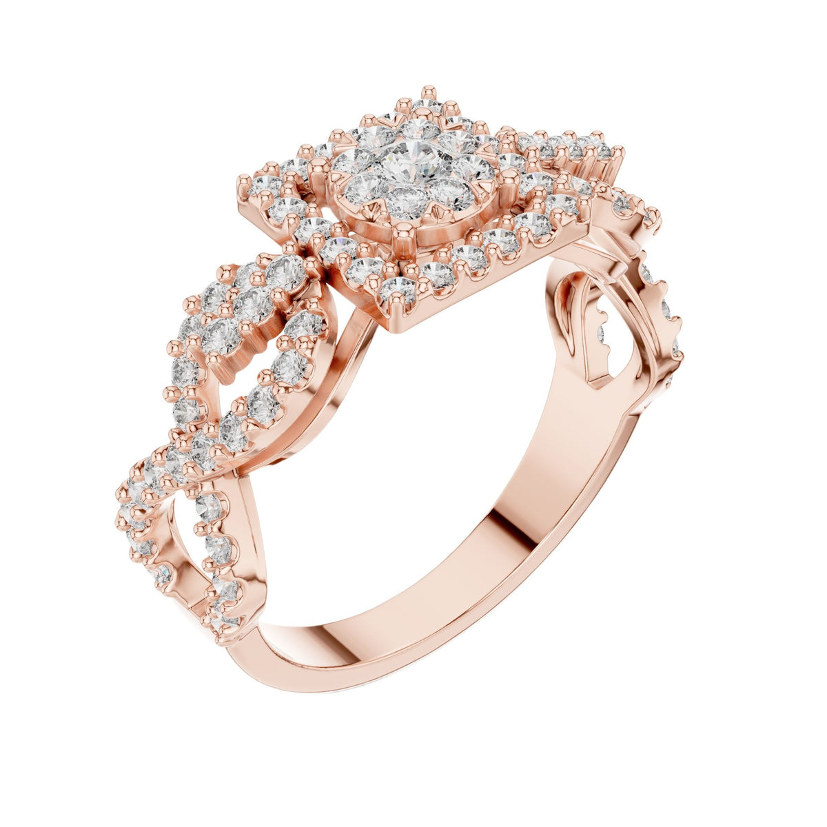Rose gold mosaic halo ring with round stones and infinity split shank