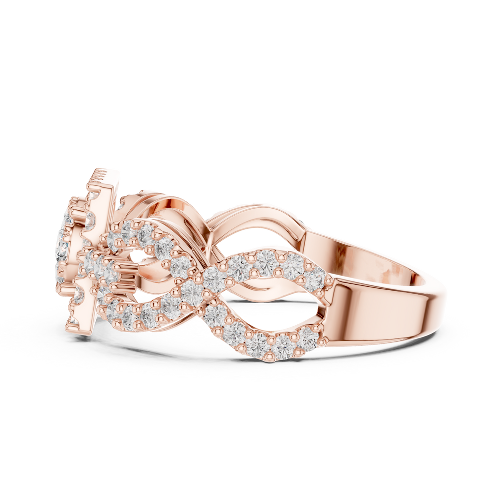Rose gold mosaic halo ring with infinity split shank and round stones, side view