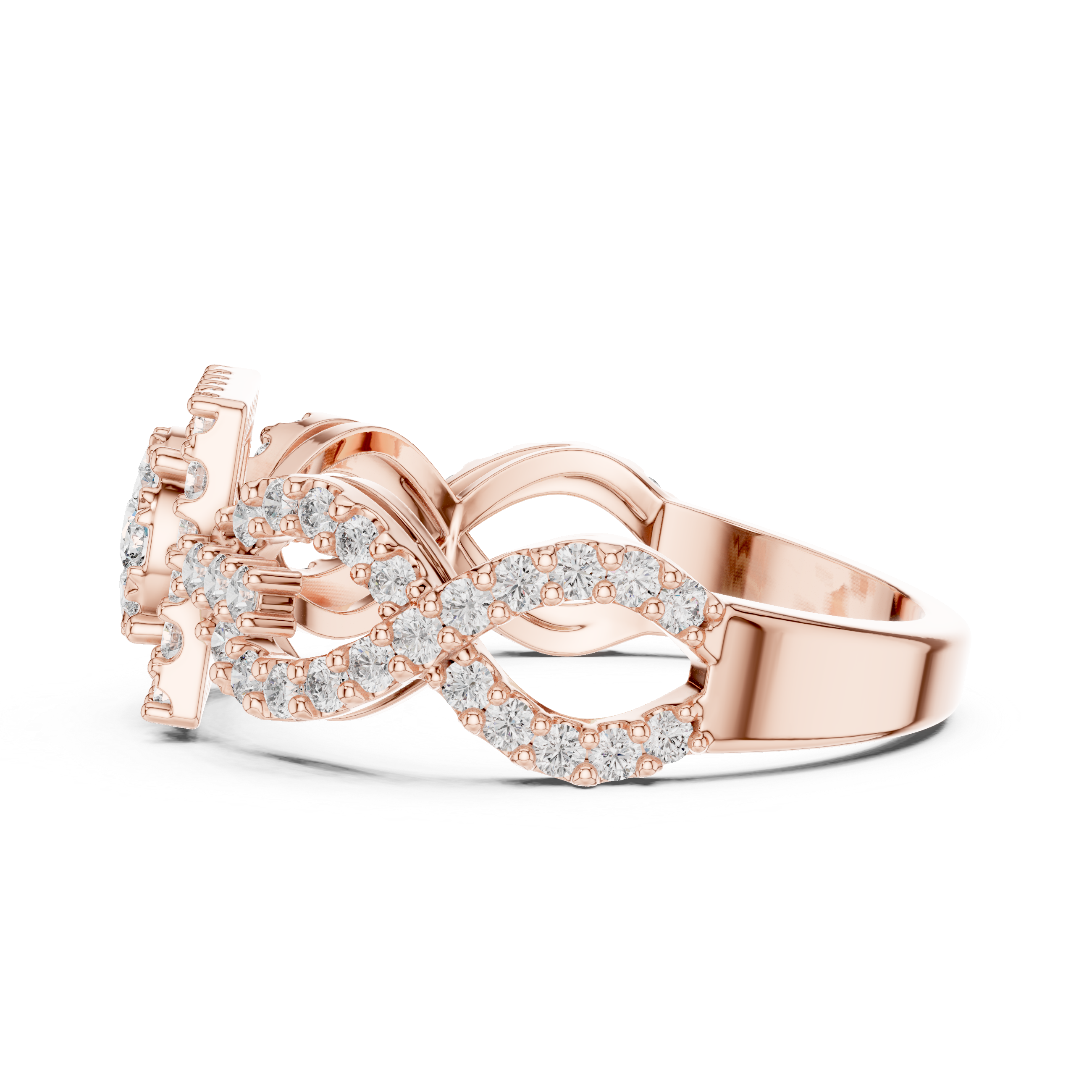 Rose gold mosaic halo ring with infinity split shank and round stones, side view