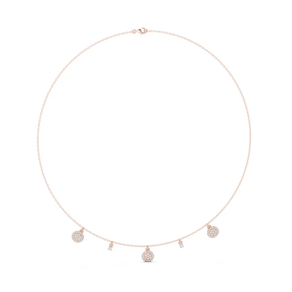 Rose gold round diamond drop charm necklace with five circular charms