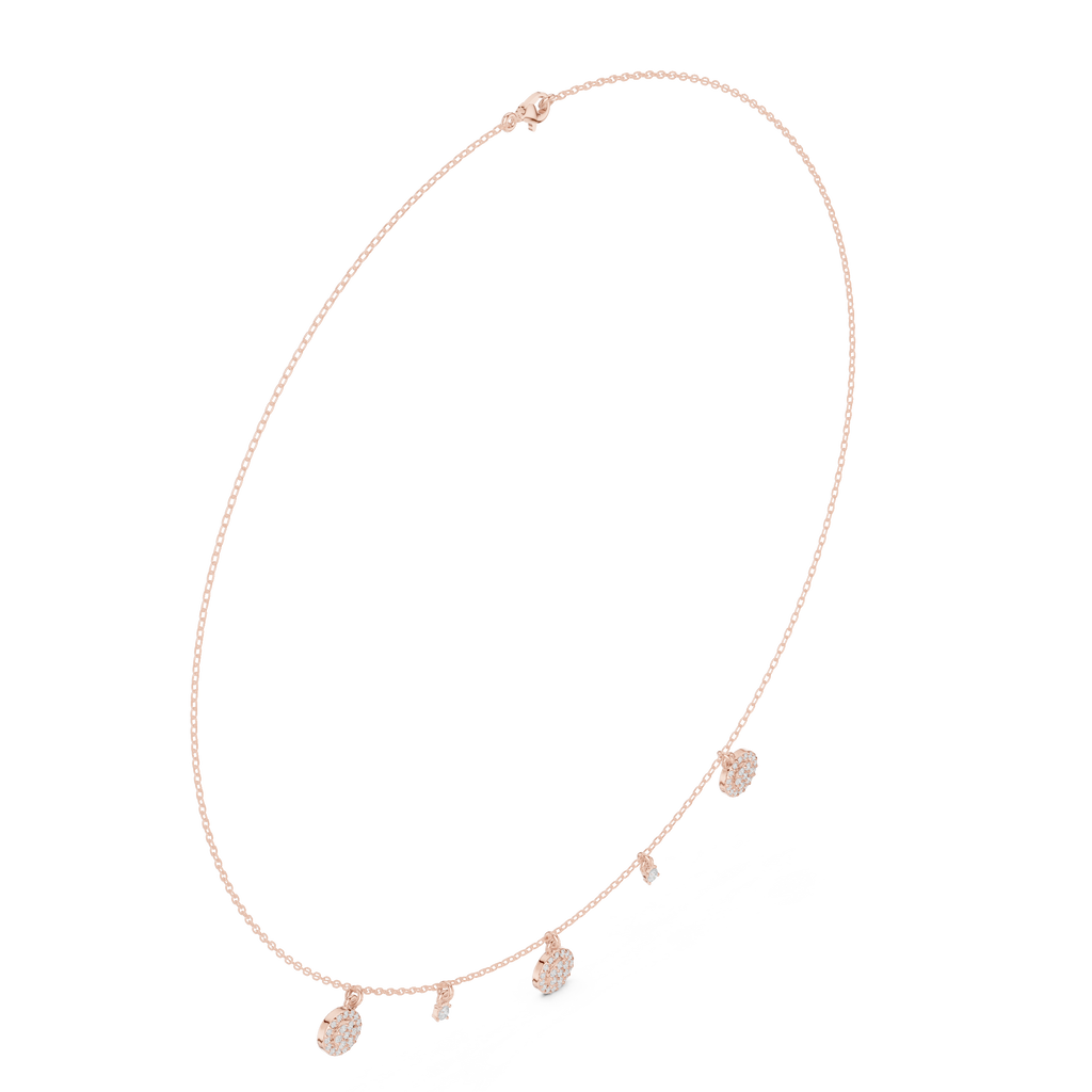 Rose gold diamond drop charm necklace with round-cut center stone and small accents