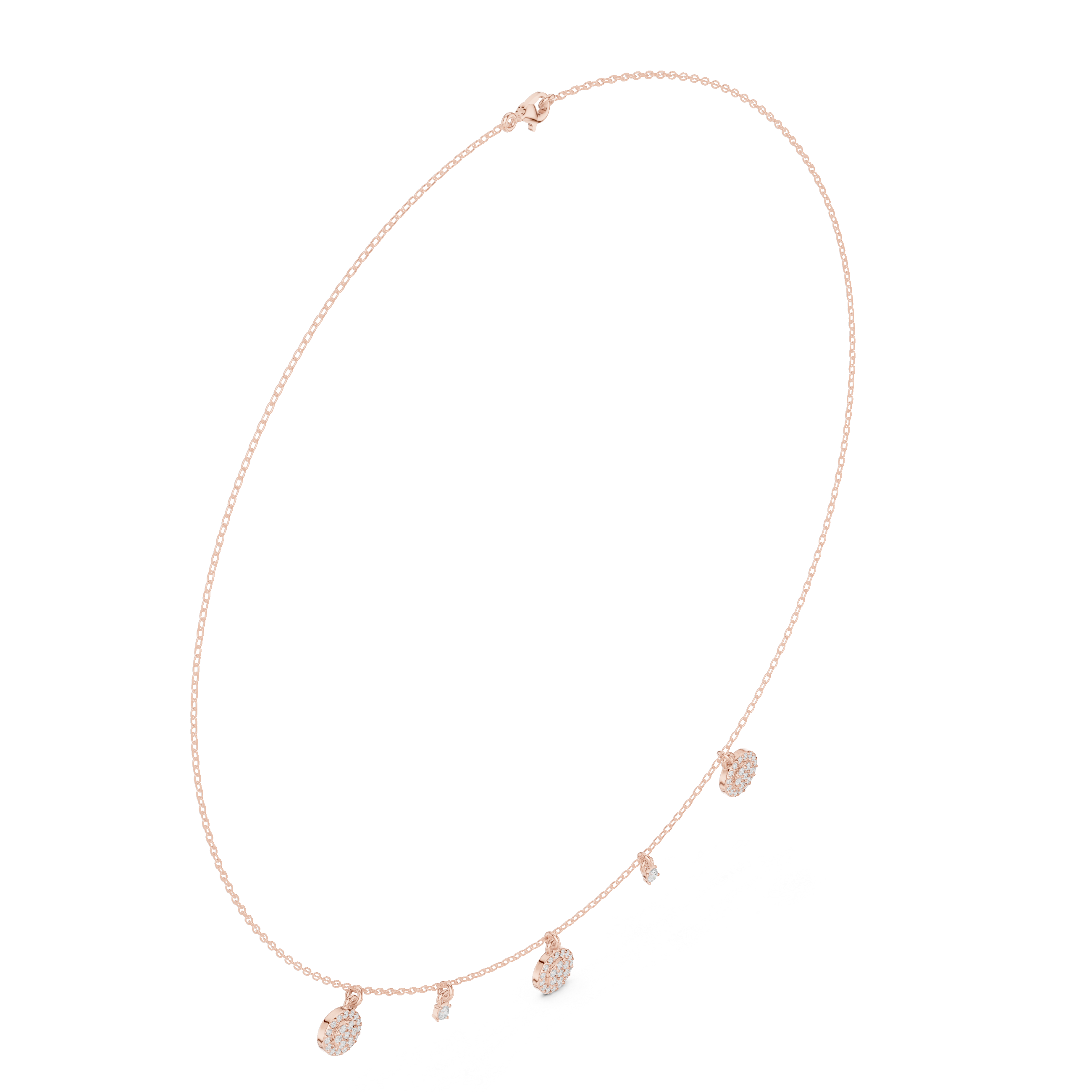 Rose gold diamond drop charm necklace with round-cut center stone and small accents