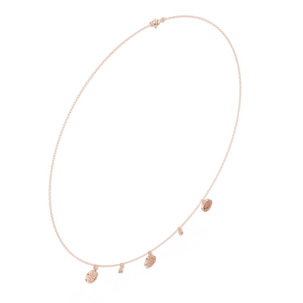 Rose gold diamond drop charm necklace, oval view with round pavé disc and side sparkle detail