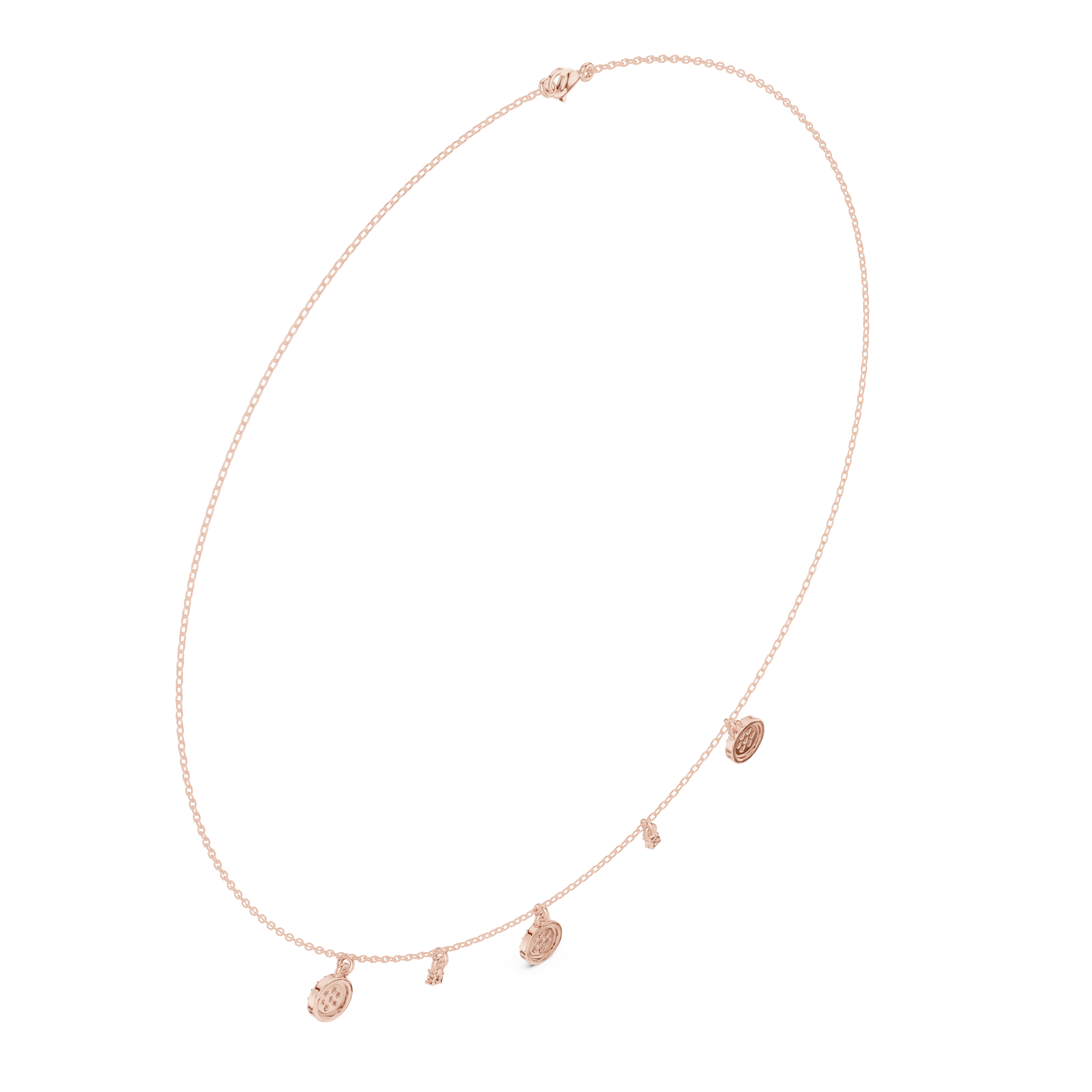 Rose gold diamond drop charm necklace, oval view with round pavé disc and side sparkle detail