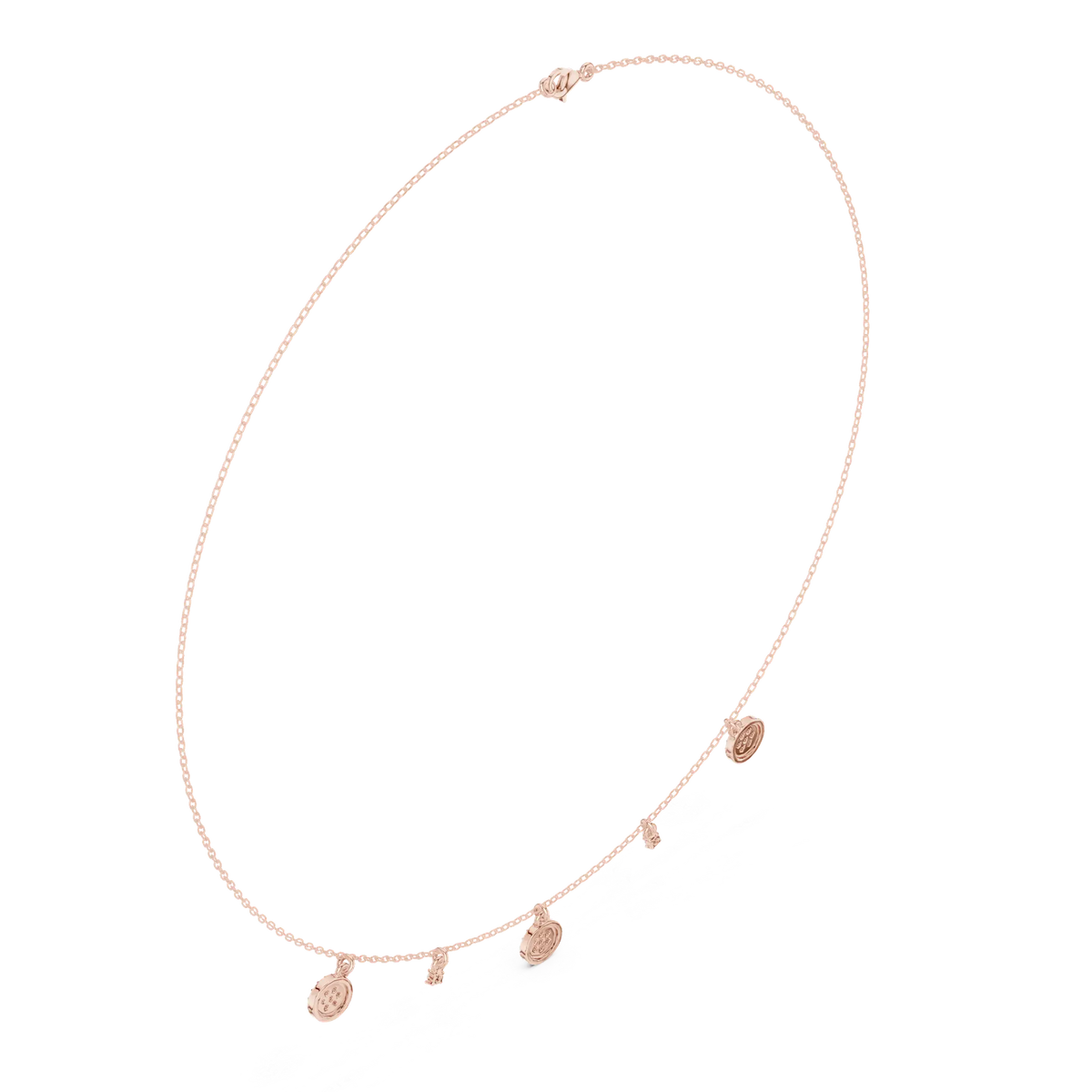 Rose gold diamond drop charm necklace with round pendant and pavé bar detail
