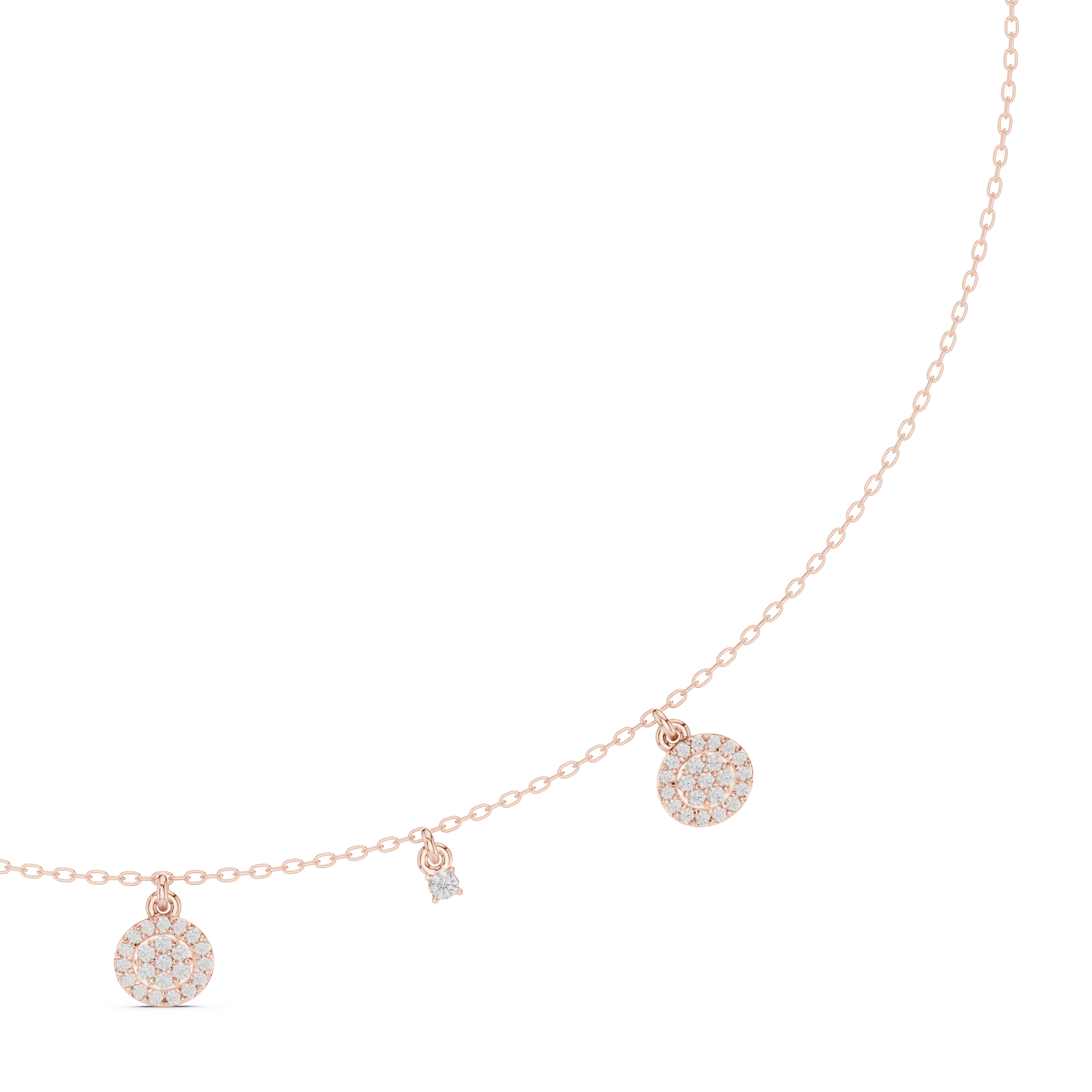 Rose gold diamond drop charm necklace with round pavé discs and small dangle accents