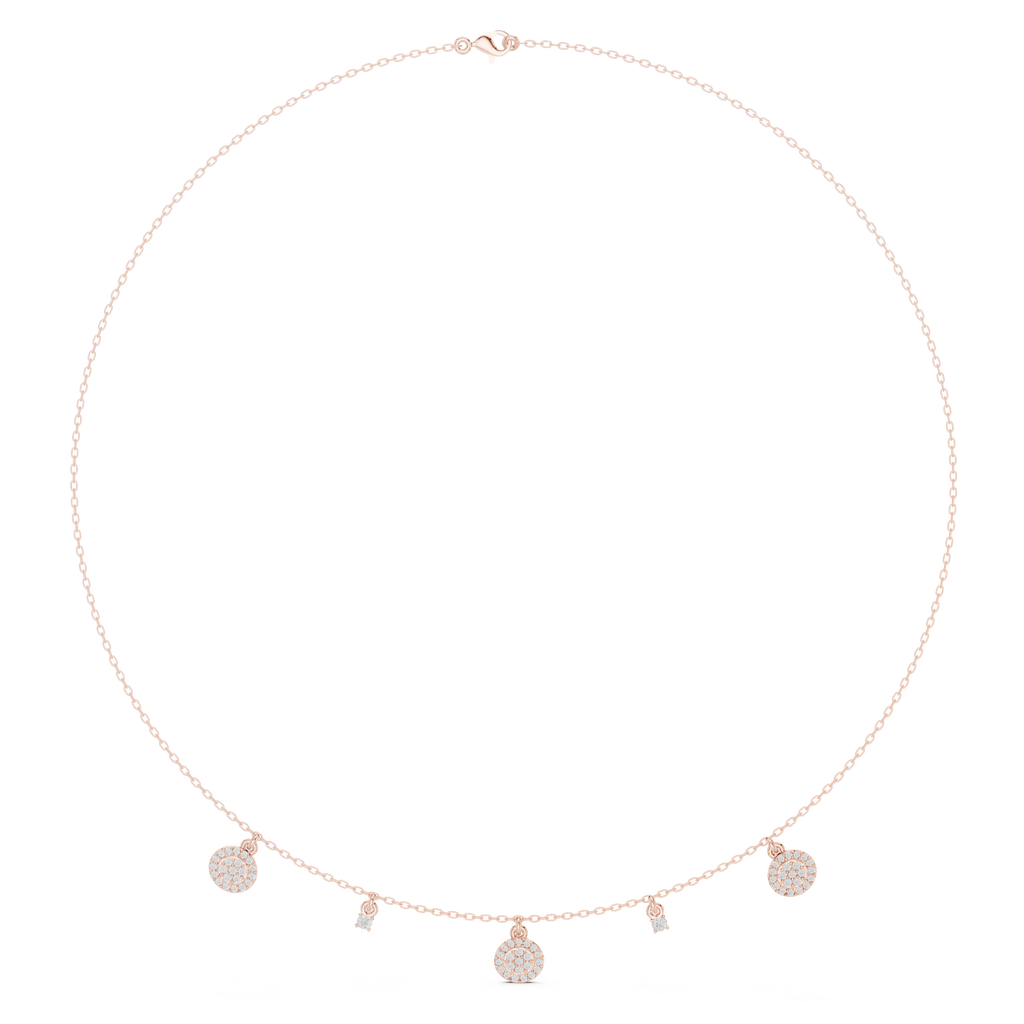 Rose gold diamond drop charm necklace with round pavé discs and small hanging stones along chain