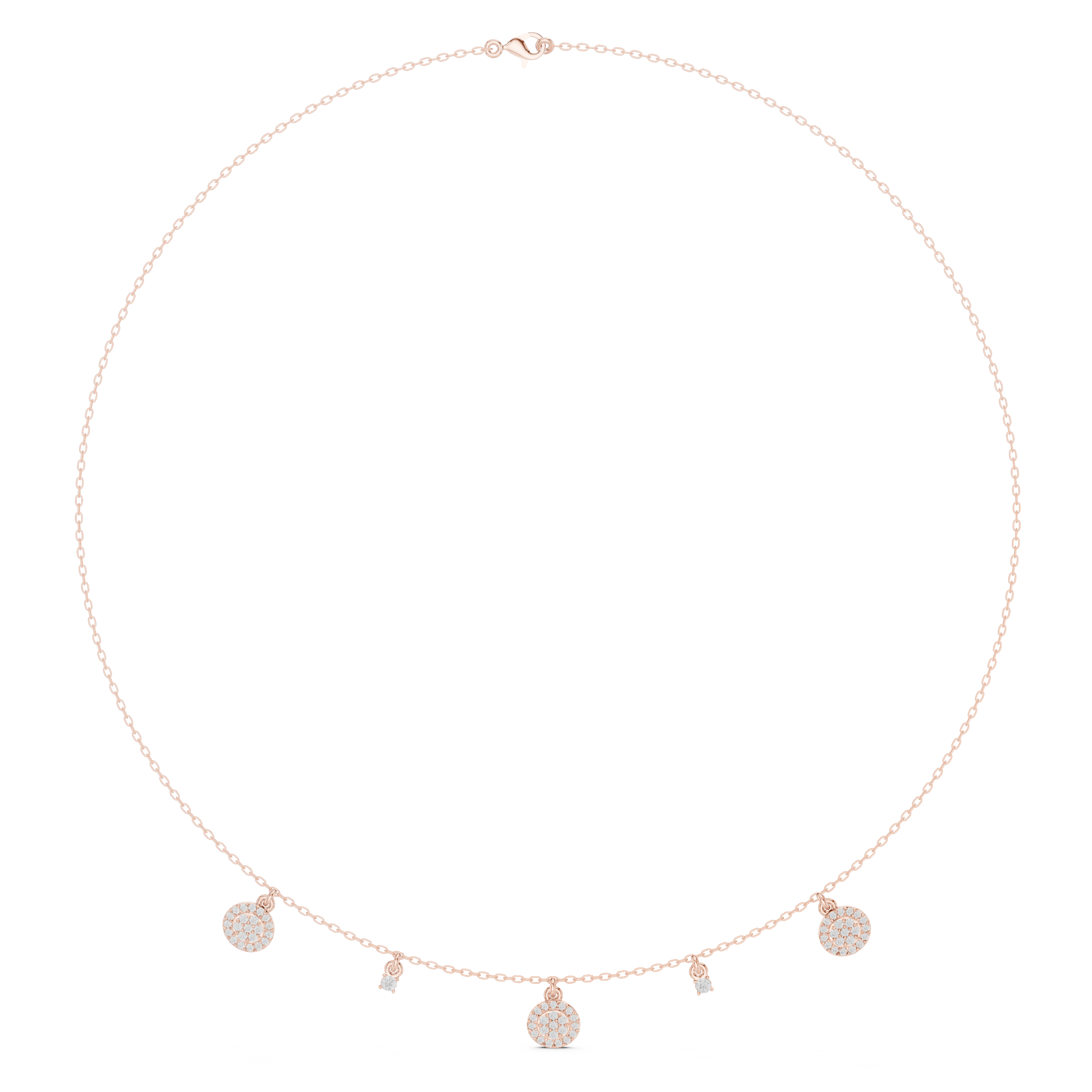 Rose gold diamond drop charm necklace with round pavé discs and small hanging stones along chain