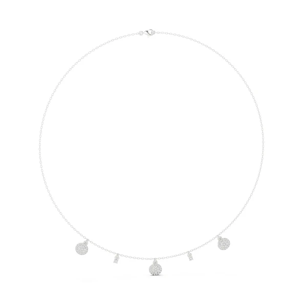 White gold round diamond drop charm necklace with five circular charms