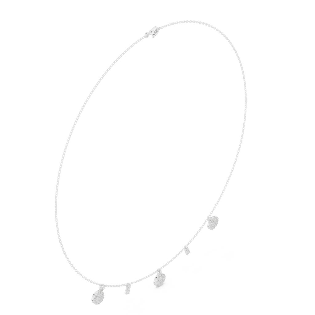 White gold diamond drop charm necklace, angled view showing round pavé disc and bar-shaped sparkle