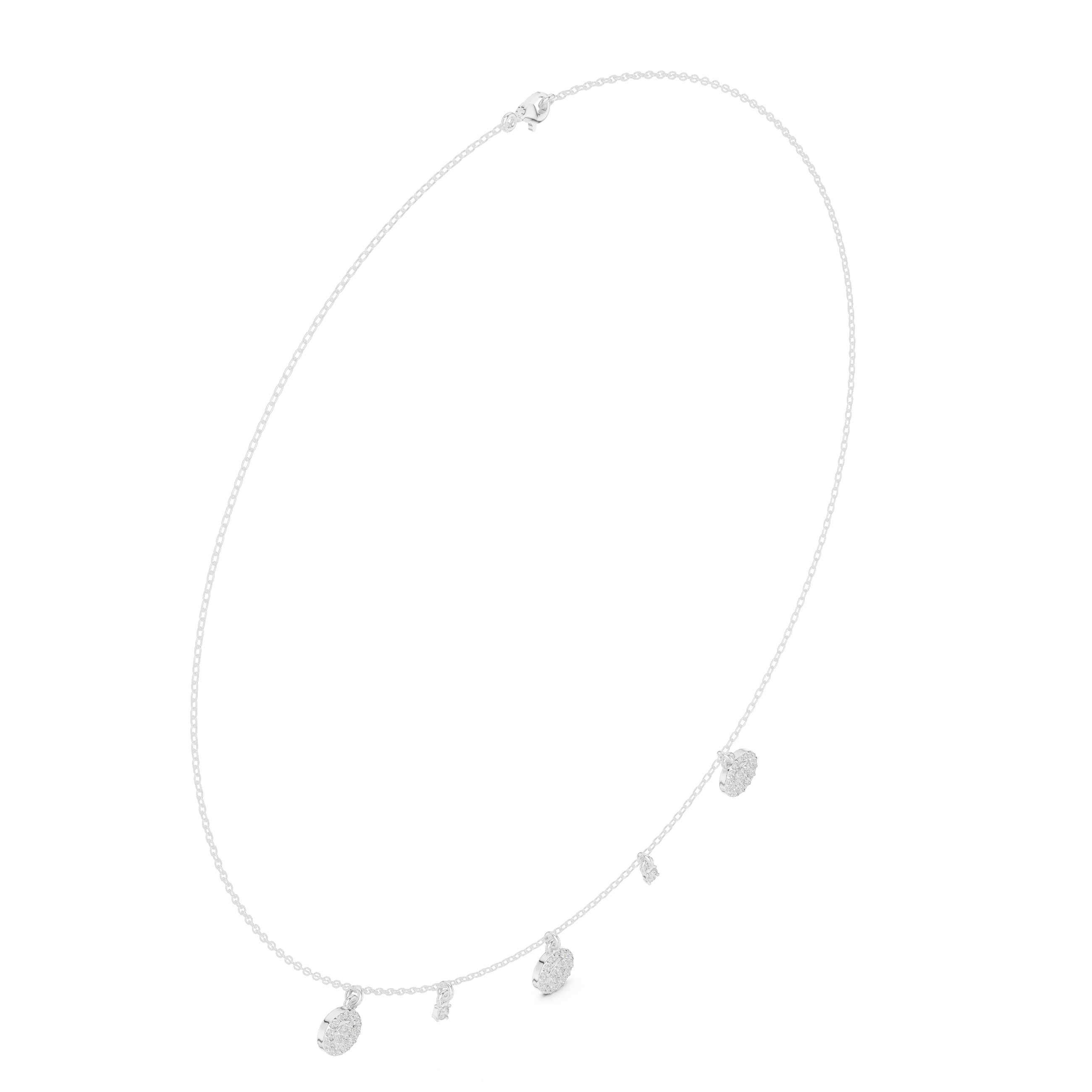 White gold diamond drop charm necklace, angled view showing round pavé disc and bar-shaped sparkle