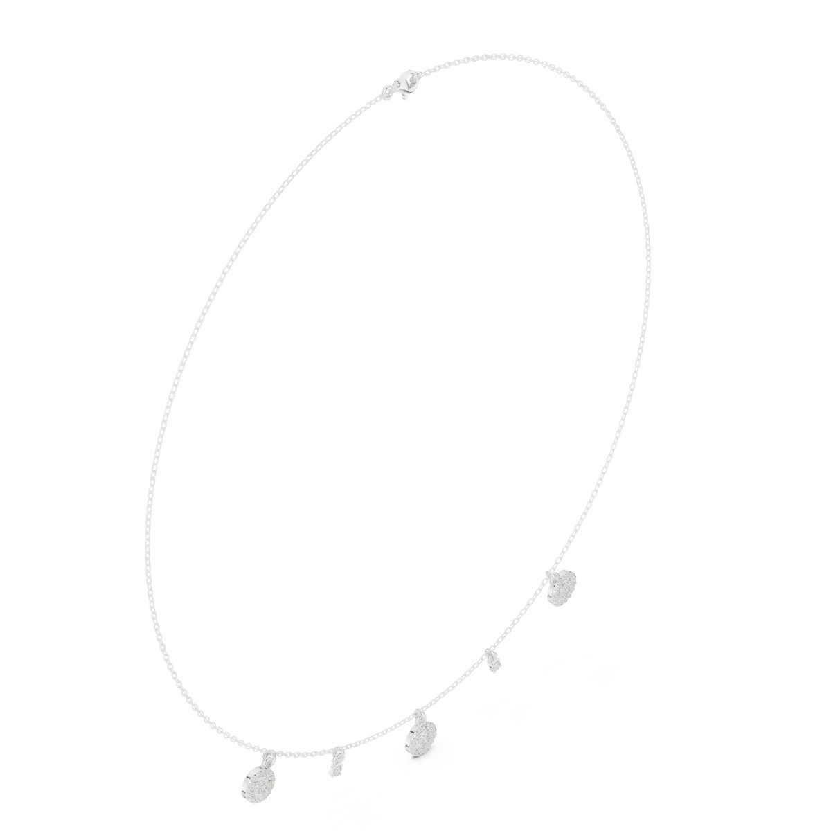 Yellow gold diamond drop charm necklace with round charm cluster and pavé bar detail