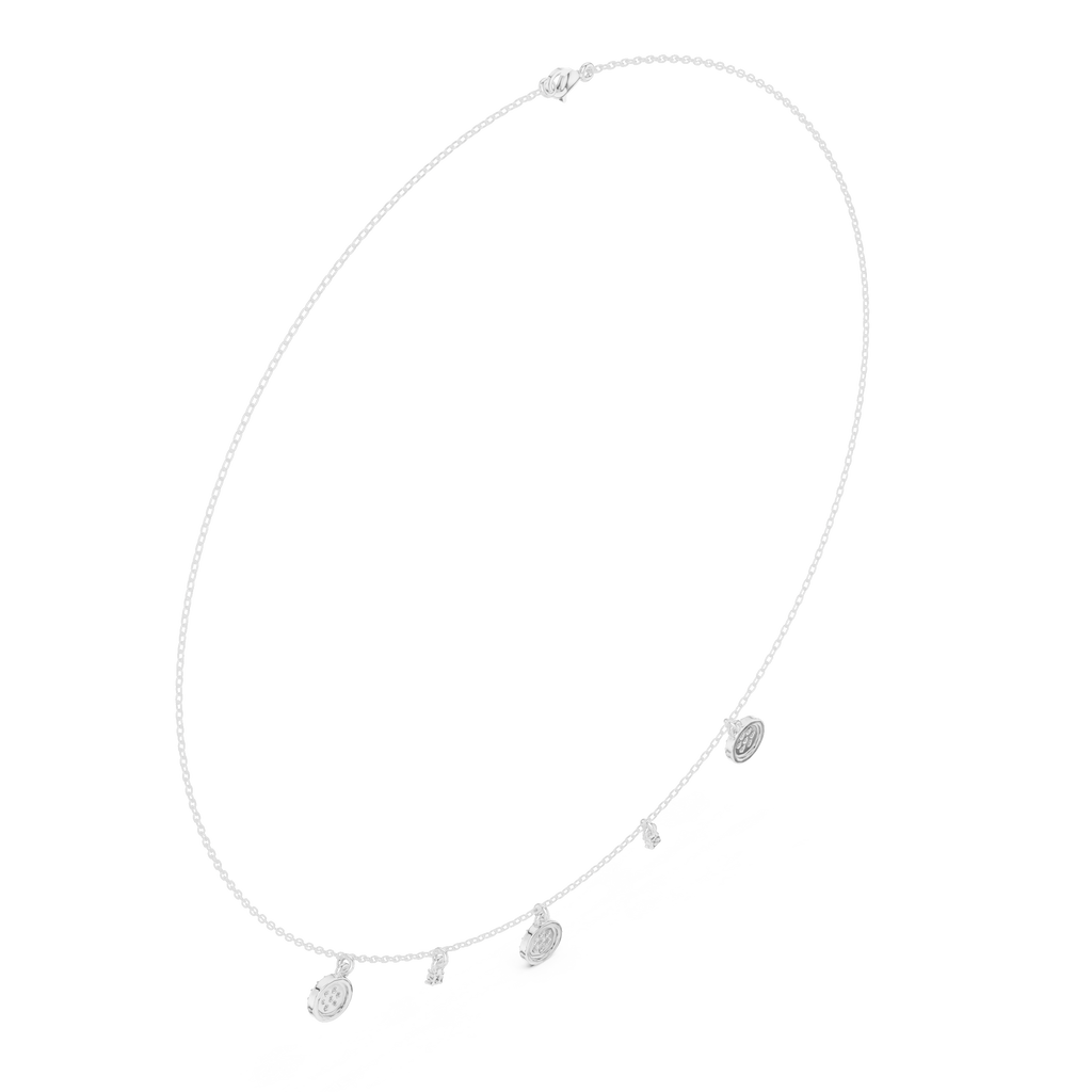 White gold diamond drop charm necklace, angled view with round pavé disc and side row of stones