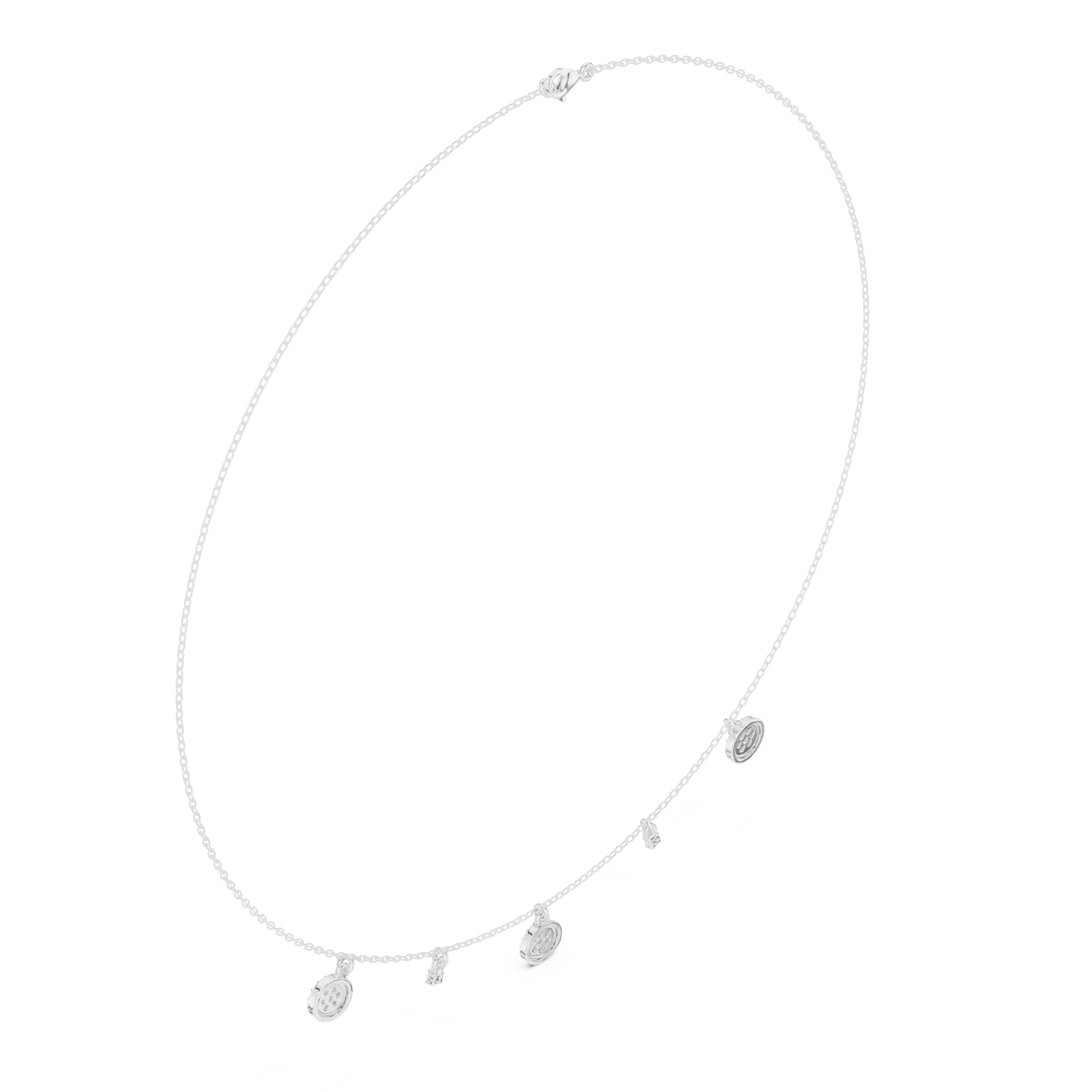 White gold diamond drop charm necklace, angled view with round pavé disc and side row of stones
